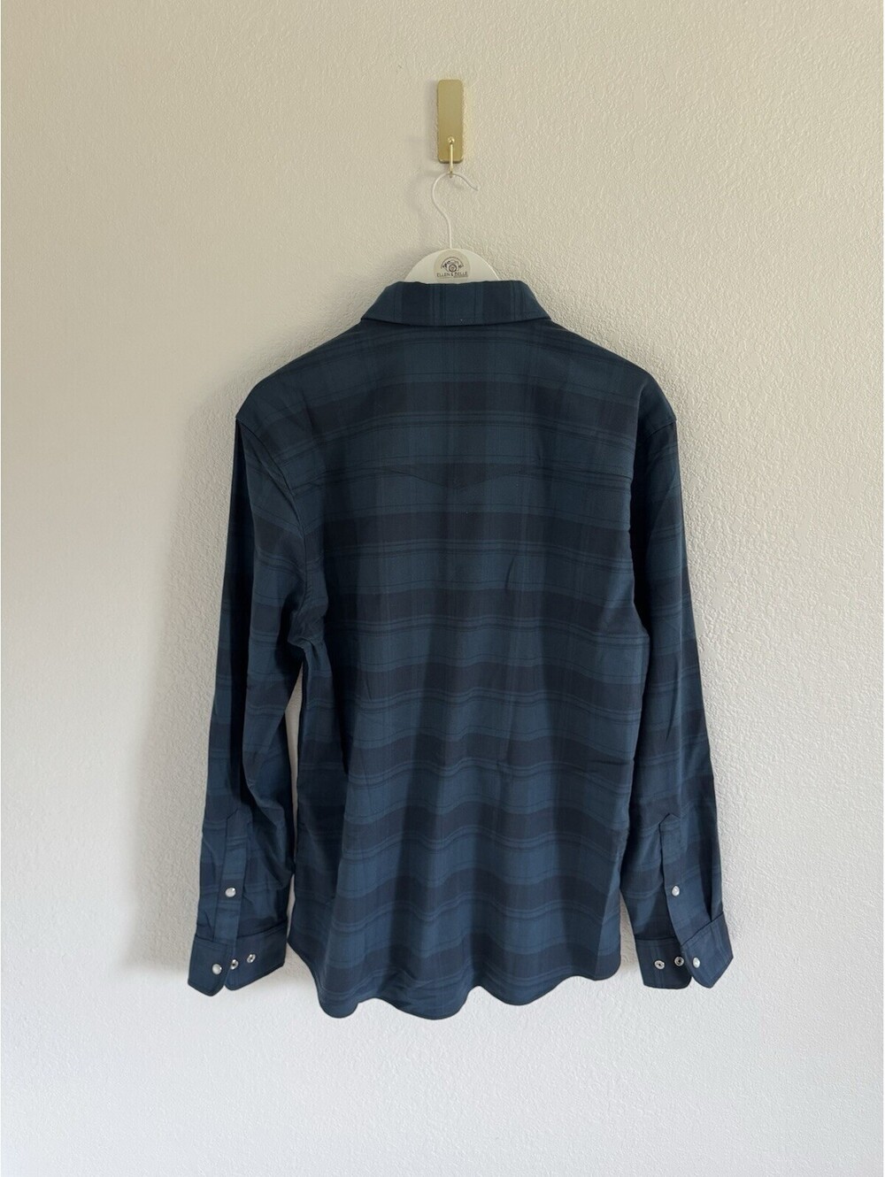 Poncho Powder River Performance Western Pearl Snap Dark Blue Plaid Sz Lg Slim - Picture 7 of 7